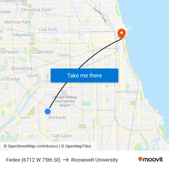 Fedex (6712 W 75th St) to Roosevelt University map