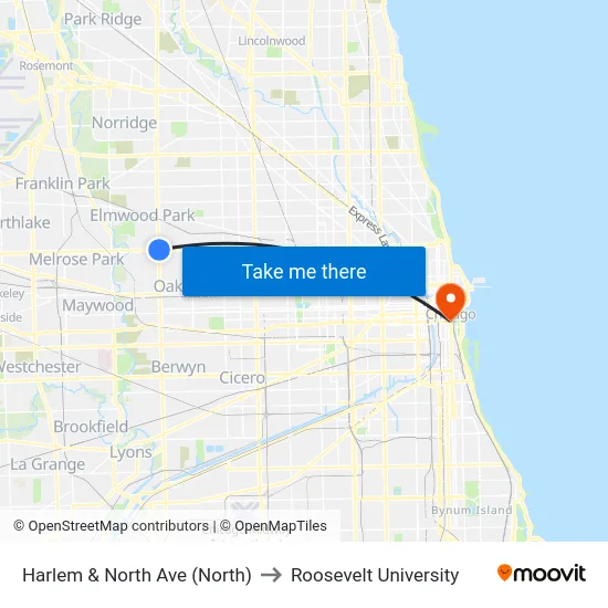 Harlem & North Ave (North) to Roosevelt University map