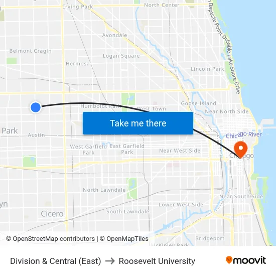 Division & Central (East) to Roosevelt University map