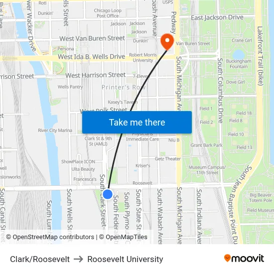 Clark/Roosevelt to Roosevelt University map