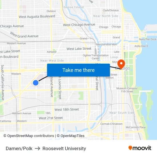 Damen/Polk to Roosevelt University map