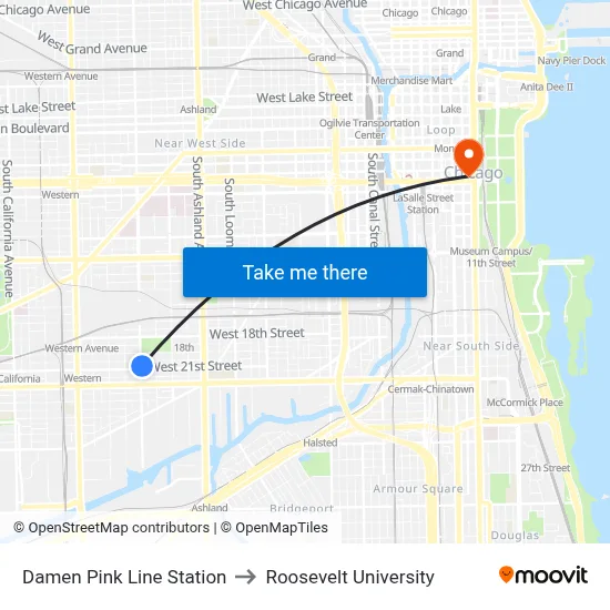 Damen Pink Line Station to Roosevelt University map