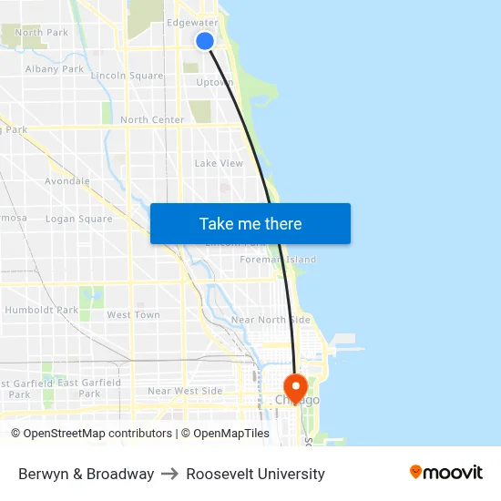 Berwyn & Broadway to Roosevelt University map