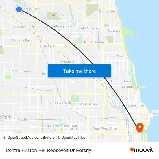 Central/Elston to Roosevelt University map