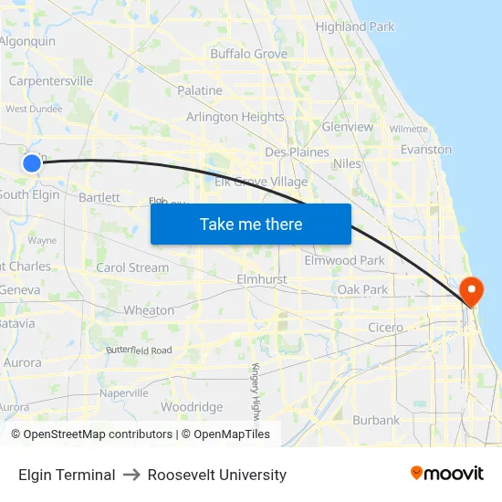Elgin Terminal to Roosevelt University map