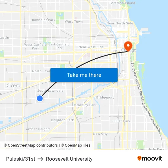 Pulaski/31st to Roosevelt University map