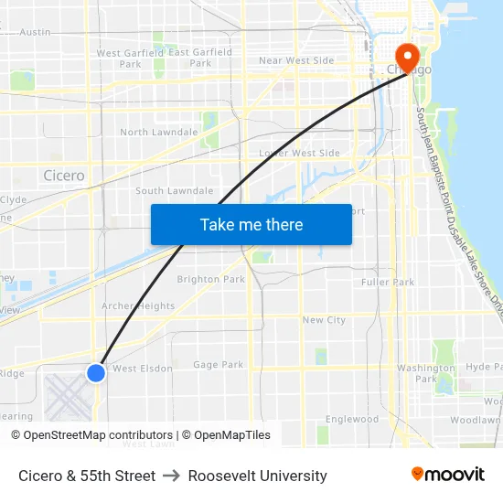 Cicero & 55th Street to Roosevelt University map