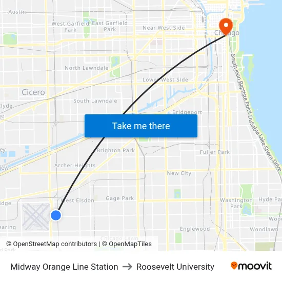Midway Orange Line Station to Roosevelt University map