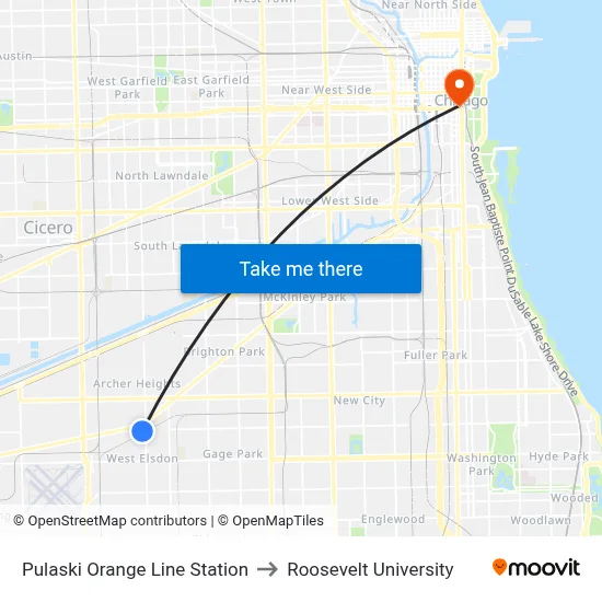 Pulaski Orange Line Station to Roosevelt University map