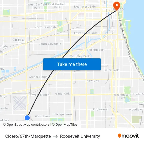 Cicero/67th/Marquette to Roosevelt University map