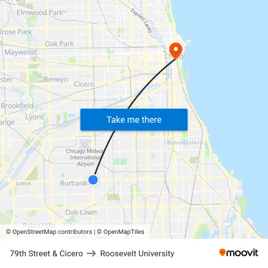 79th Street & Cicero to Roosevelt University map
