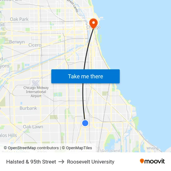 Halsted & 95th Street to Roosevelt University map