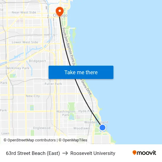 63rd Street Beach (East) to Roosevelt University map