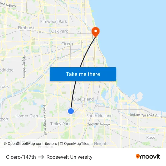 Cicero/147th to Roosevelt University map