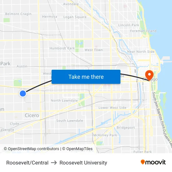 Roosevelt/Central to Roosevelt University map