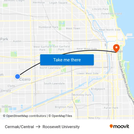 Cermak/Central to Roosevelt University map