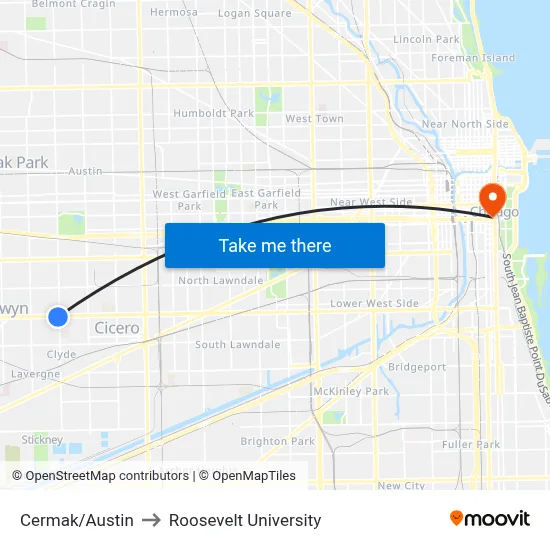 Cermak/Austin to Roosevelt University map