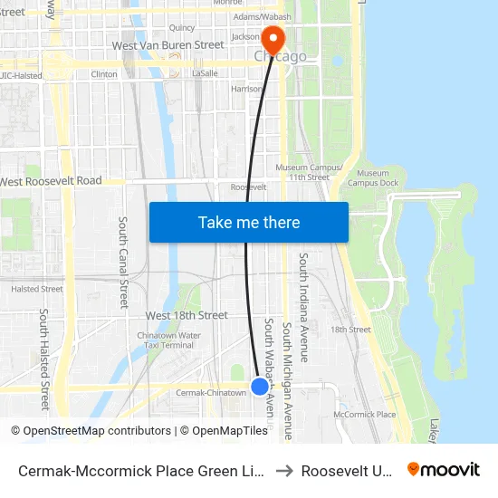Cermak-Mccormick Place Green Line Station (East) to Roosevelt University map
