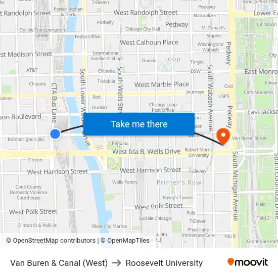 Van Buren & Canal (West) to Roosevelt University map