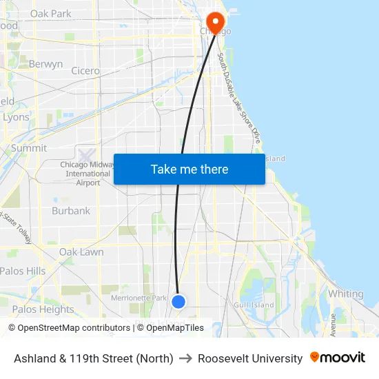 Ashland & 119th Street (North) to Roosevelt University map