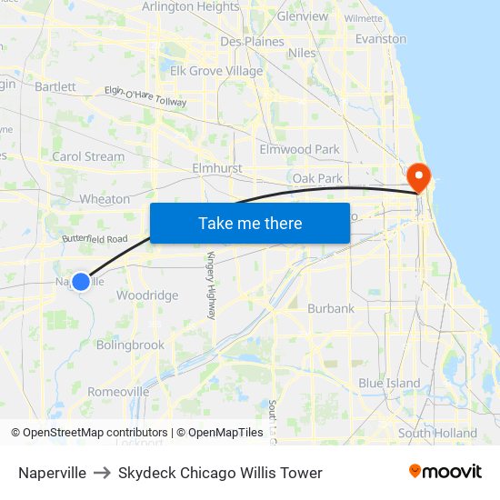 Naperville to Skydeck Chicago Willis Tower map