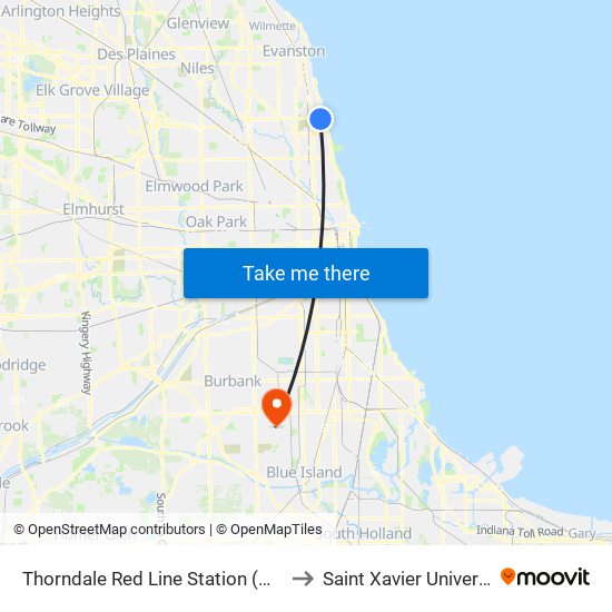 Thorndale Red Line Station (West) to Saint Xavier University map