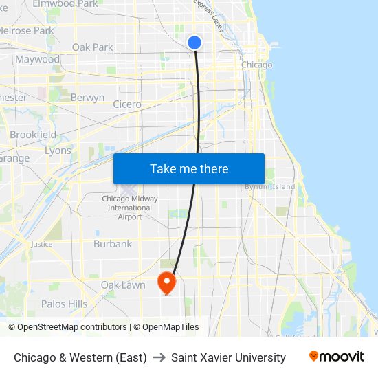 Chicago & Western (East) to Saint Xavier University map