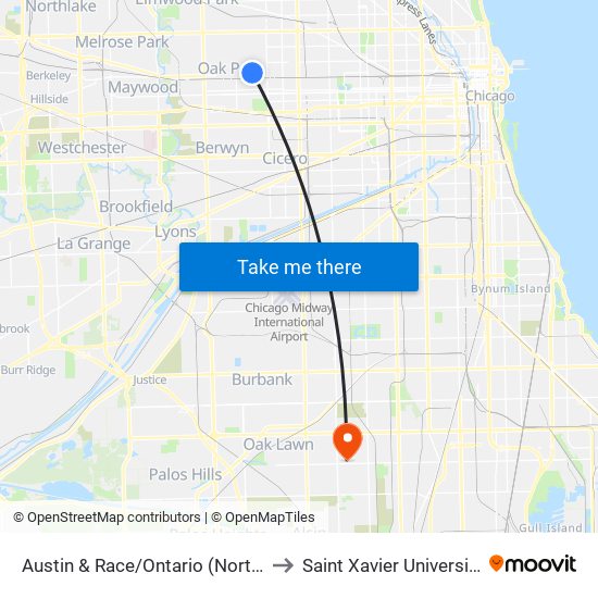 Austin & Race/Ontario (North) to Saint Xavier University map