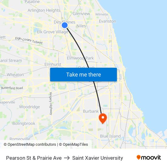 Pearson St & Prairie Ave to Saint Xavier University map