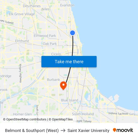 Belmont & Southport (West) to Saint Xavier University map