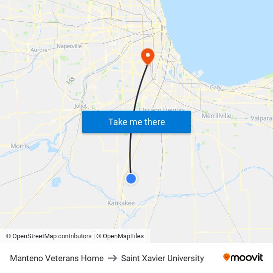 Manteno Veterans Home to Saint Xavier University map