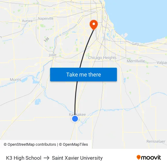 K3 High School to Saint Xavier University map