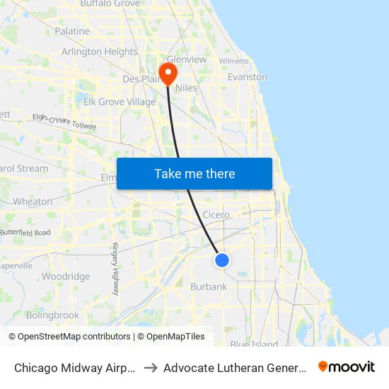 Chicago Midway Airport MDW to Advocate Lutheran General Hospital map