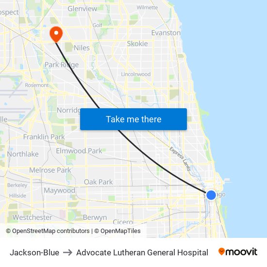 Jackson-Blue to Advocate Lutheran General Hospital map