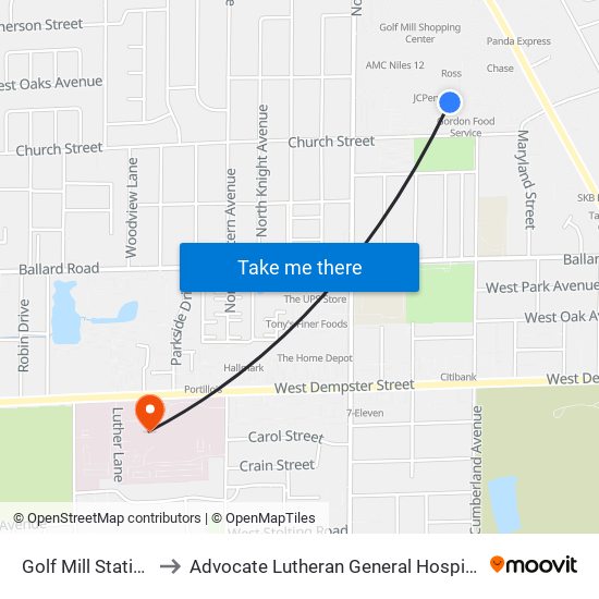 Golf Mill Station to Advocate Lutheran General Hospital map