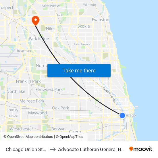 Chicago Union Station to Advocate Lutheran General Hospital map