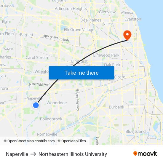 Naperville to Northeastern Illinois University map