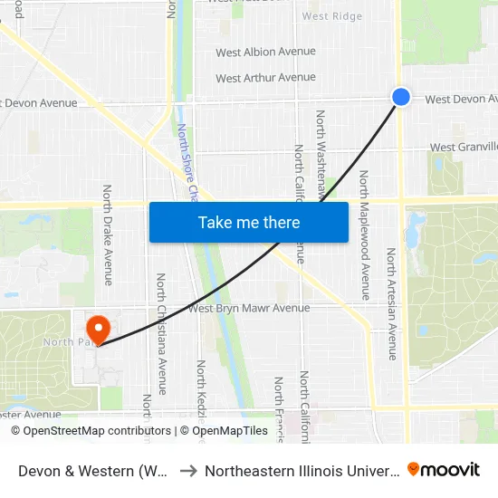 Devon & Western (West) to Northeastern Illinois University map