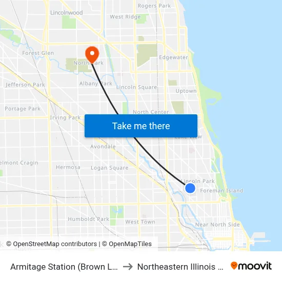 Armitage Station (Brown Line) (West) to Northeastern Illinois University map