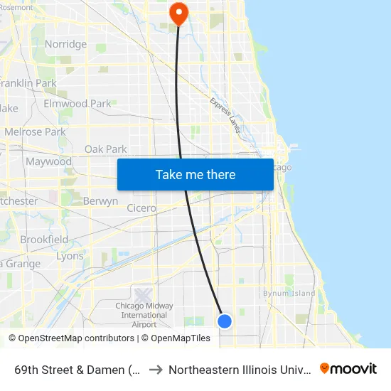69th Street & Damen (East) to Northeastern Illinois University map
