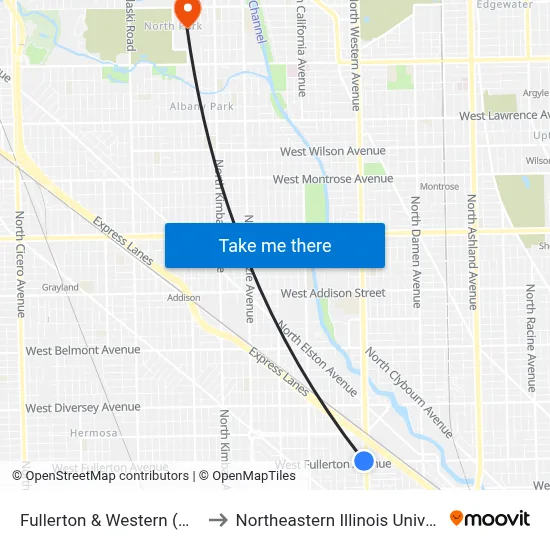 Fullerton & Western (West) to Northeastern Illinois University map