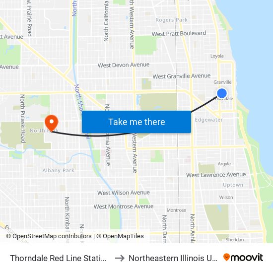 Thorndale Red Line Station (West) to Northeastern Illinois University map