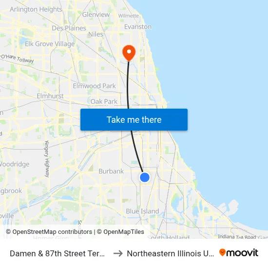 Damen & 87th Street Terminal (Se) to Northeastern Illinois University map