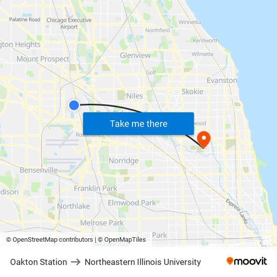 Oakton Station to Northeastern Illinois University map