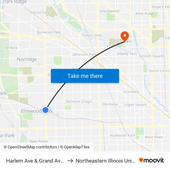 Harlem Ave & Grand Ave (Sw) to Northeastern Illinois University map