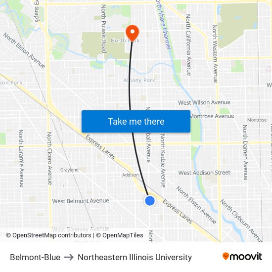 Belmont-Blue to Northeastern Illinois University map