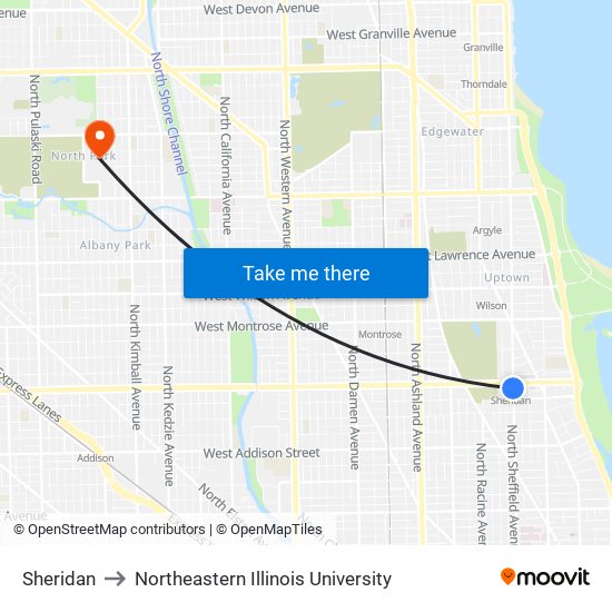 Sheridan to Northeastern Illinois University map