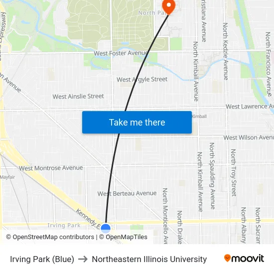 Irving Park (Blue) to Northeastern Illinois University map