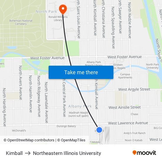 Kimball to Northeastern Illinois University map