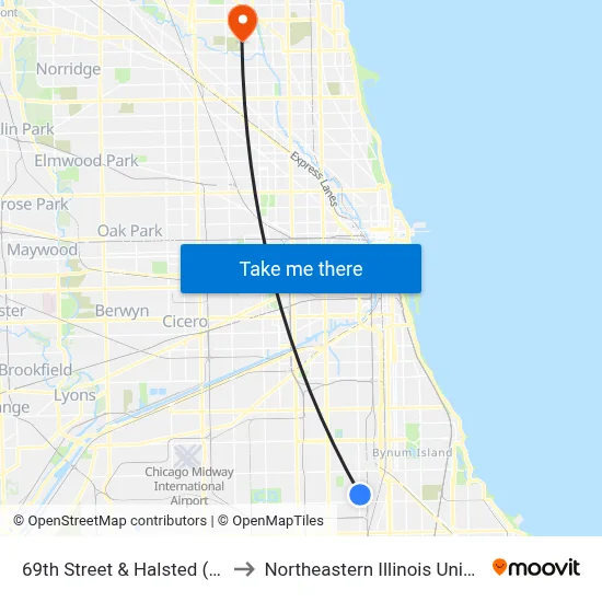 69th Street & Halsted (West) to Northeastern Illinois University map